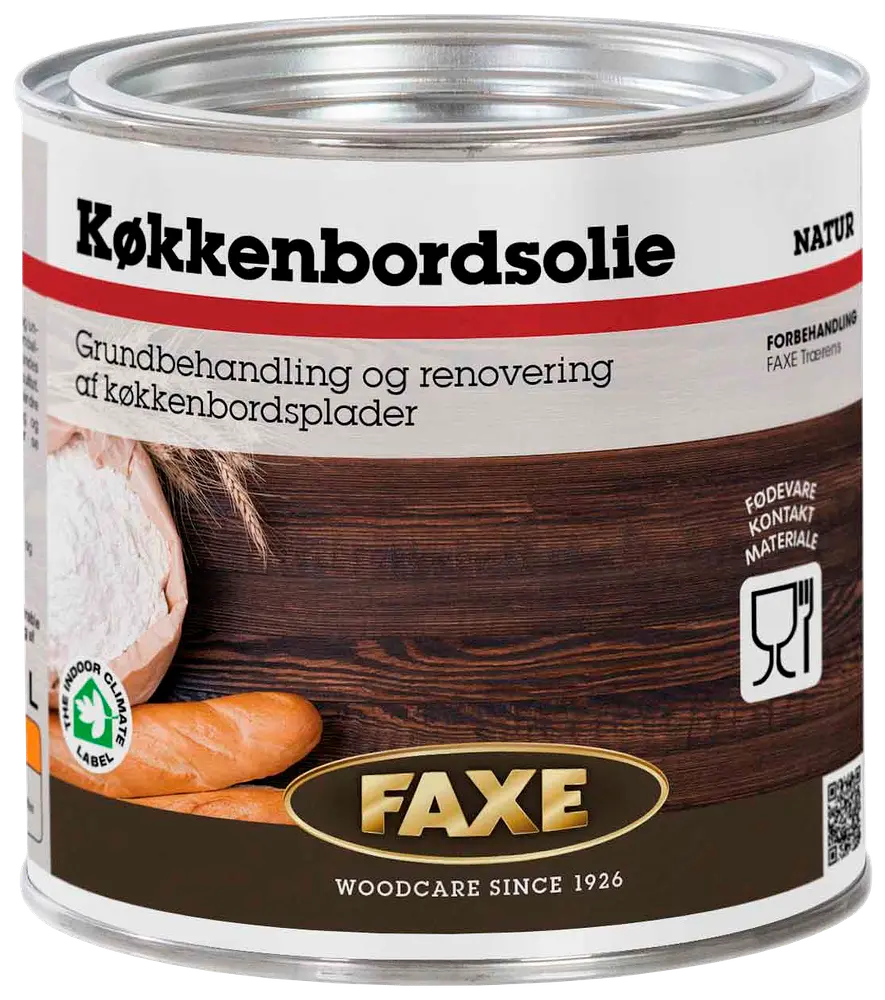 FAXE Køkkenbordsolie, natur, til grundbehandling og renovering af køkkenbordplader i træ. Fødevarekontakt godkendt. Metal dåse med dansk tekst, træpleje siden 1926.