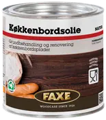 FAXE Køkkenbordsolie, natur, til grundbehandling og renovering af køkkenbordplader i træ. Fødevarekontakt godkendt. Metal dåse med dansk tekst, træpleje siden 1926.