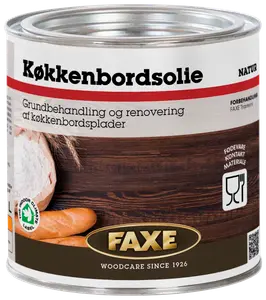 FAXE Køkkenbordsolie, natur, til grundbehandling og renovering af køkkenbordplader i træ. Fødevarekontakt godkendt. Metal dåse med dansk tekst, træpleje siden 1926.