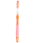 Pink og orange børnetandbørste med mønstrede børster, ovalt greb og blødt, afrundet håndtag.