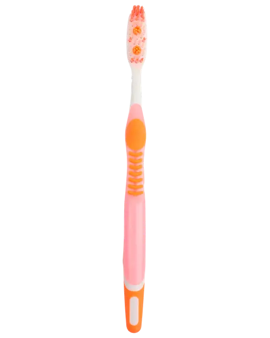 Pink og orange børnetandbørste med mønstrede børster, ovalt greb og blødt, afrundet håndtag.