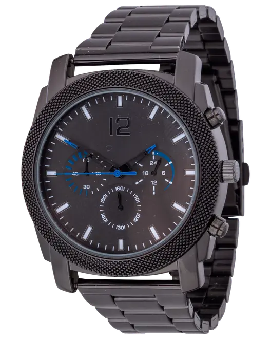 Herreur med sort metalrem og tekstureret urkrans. Urskiven er sort med sølvfarvede timeindikatorer og et stort '12' øverst. Uret har tre små urskiver, blå detaljer på visere og små urskiver samt to trykknapper på højre side af urkassen. Designet er moderne og stilrent.