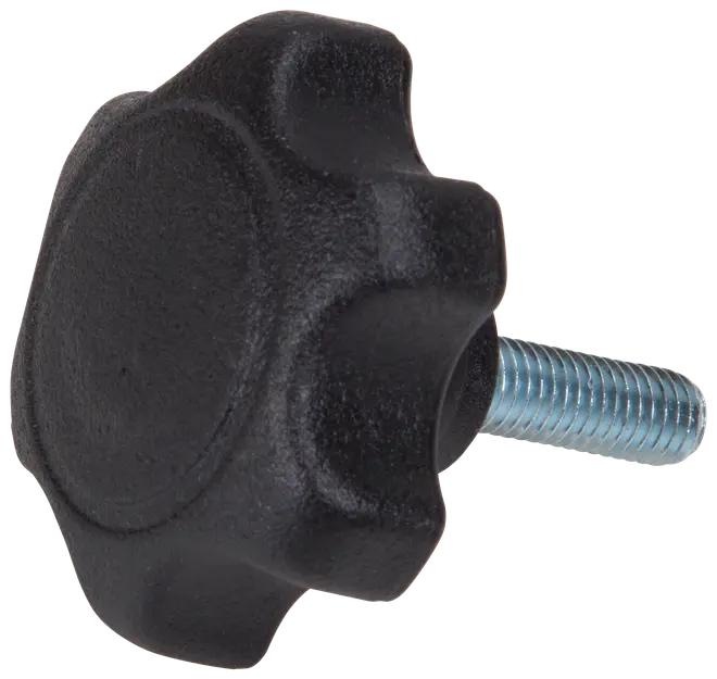 Sort plaststjernegreb med gevindstang i metal, beregnet til håndstramning og justering på maskiner eller udstyr. Ergonomisk greb for nem drejning. Robust konstruktion.