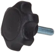 Svart plaststjärnknopp med gängad metallpinne, avsedd för handjustering på maskiner eller utrustning. Ergonomiskt grepp för enkel vridning. Hållbar konstruktion.