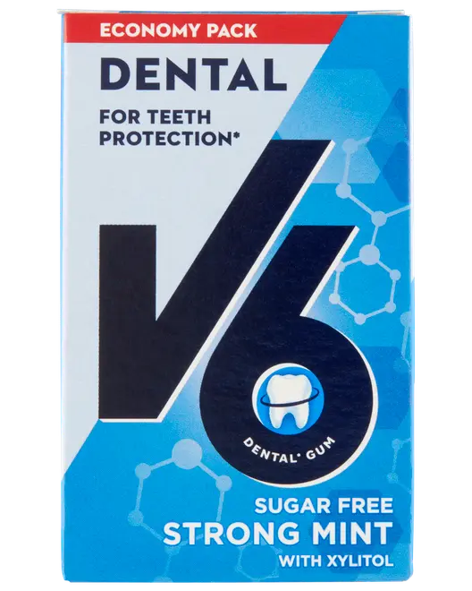 V6 Dental tyggegummi, økonomipakke, sukkerfri stærk mint med xylitol, beskytter tænderne. Blå og hvid emballage med tand- og molekylegrafik.