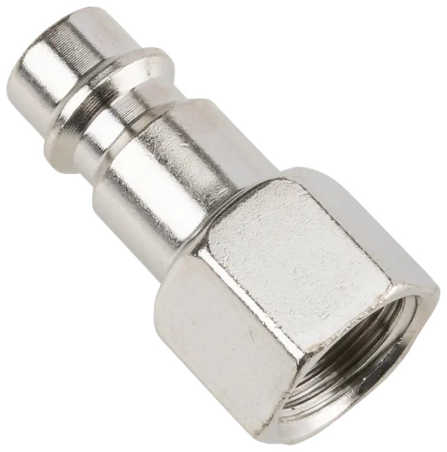 Metal lynkobling til luftslange med sekskantet møtrik og indvendigt gevind, designet til sikker montering på trykluftværktøj eller kompressor. Holdbar, korrosionsbestandig overflade.