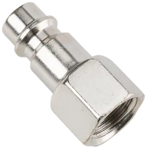 Metal lynkobling til luftslange med sekskantet møtrik og indvendigt gevind, designet til sikker montering på trykluftværktøj eller kompressor. Holdbar, korrosionsbestandig overflade.