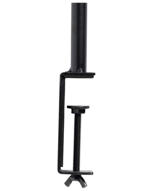 Sort metalklemme med justerbar gevindskrue og cylindrisk håndtag, designet til fastgørelse eller montering af udstyr.