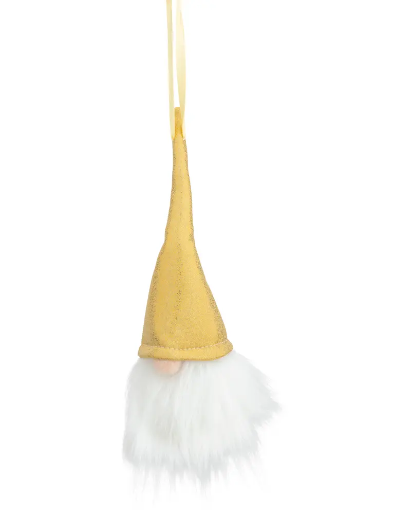 Hängande tomteprydnad med hög gul luva, vitt fluffigt skägg och rund näsa. Tillverkad av mjukt tyg, perfekt för julgran eller dekoration.
