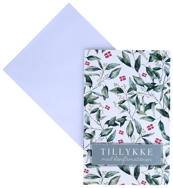 Kort med grønt bladmønster, små dannebrogsflag og teksten 'TILLYKKE med konfirmationen'. Leveres med hvid kuvert. Perfekt til konfirmation.