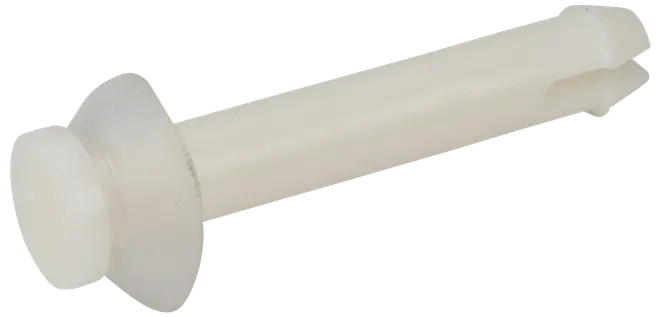 Genomskinlig plastplugg med krage och delad ände, avsedd för att fästa skruvar i gipsvägg eller murverk. Lätt, hållbar och mångsidig för olika installationer.