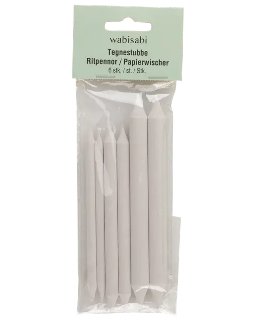 Set med 6 vita pappersstompar i olika storlekar, förpackade i en genomskinlig plastpåse. Perfekta för att sudda och blanda blyerts eller kol.