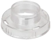 Klar plastadapterring med gängor, rund med bred bas och mittöppning, utformad för säker fastsättning på kompatibla behållare eller lock, hållbar och lätt att rengöra.