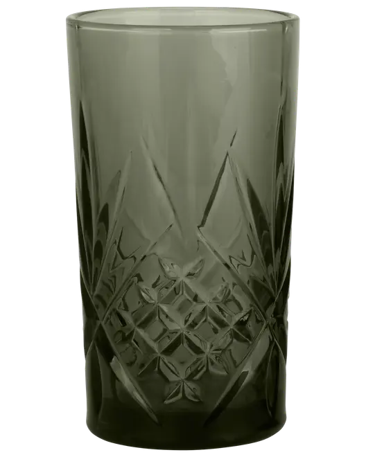 Høj, røggrøn glastumbler med indviklet slebet diamant- og blomstermønster nederst. Glat kant og cylindrisk form, ideel til servering af drikkevarer. Rummer ca. 350 ml.