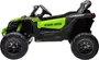Børne elbil i Can-Am Maverick stil, grøn og sort, store terrængående hjul, detaljeret interiør, rat og realistisk offroad køretøjsdesign.