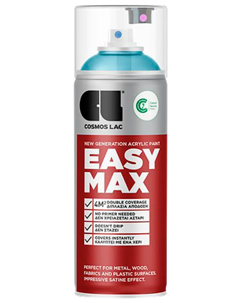 Cosmos Lac Easy Max akryl spraymaling, 400 ml dåse, egnet til metal, træ, stof og plast. Dobbelt dækkeevne, hurtig tørring, satin finish. Ingen primer nødvendig.