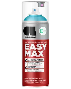 Cosmos Lac Easy Max akryl spraymaling, 400 ml dåse, egnet til metal, træ, stof og plast. Dobbelt dækkeevne, hurtig tørring, satin finish. Ingen primer nødvendig.