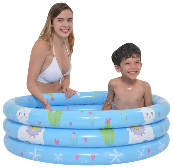 Blå oppustelig børnepool med tre ringe, dekoreret med lamaer, kaktusser og hjerter. Velegnet til små børn, perfekt til udendørs leg med vand.