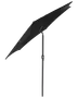 Svart utomhusparasoll med rektangulär skärm, justerbar lutningsmekanism och robust metallstativ. Ger skugga till trädgård eller balkong. Modern, minimalistisk design.