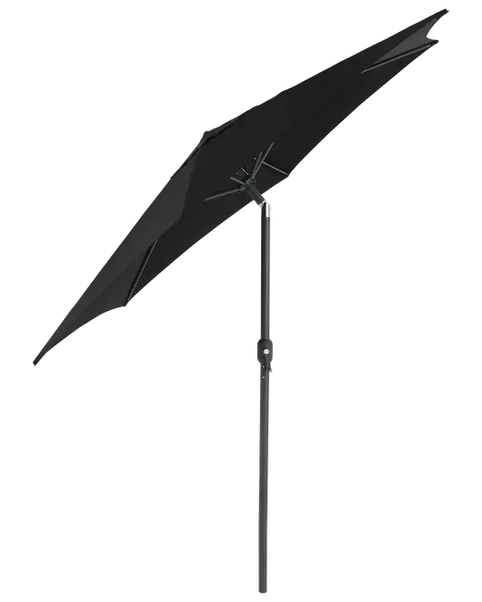 Svart utomhusparasoll med rektangulär skärm, justerbar lutningsmekanism och robust metallstativ. Ger skugga till trädgård eller balkong. Modern, minimalistisk design.