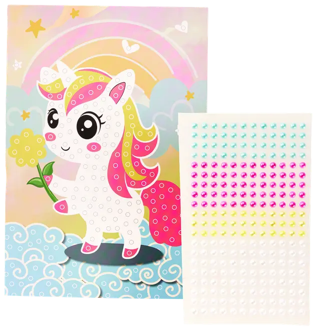 Unicorn klistermærkesæt med farverigt enhjørningemotiv, regnbuebagrund og ark med selvklæbende perler i blå, pink, gul og klar til dekoration.