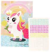 Unicorn klistermærkesæt med farverigt enhjørningemotiv, regnbuebagrund og ark med selvklæbende perler i blå, pink, gul og klar til dekoration.