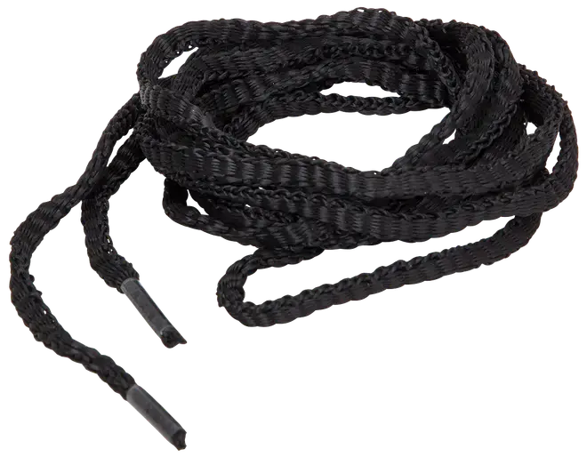 Sort, flad snørebånd lavet af slidstærkt vævet syntetisk materiale med plastikender. Velegnet til sportssko eller hverdagssko, cirka 120 cm langt.