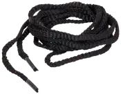 Svart, platt skosnöre av slitstarkt vävt syntetmaterial med plaständar. Passar till sport- eller vardagsskor, cirka 120 cm långt.