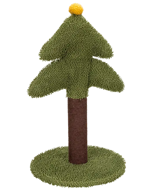 Klösträd för katt formad som ett träd med gröna, texturerade grenar, brun stam, rund grön bas och gul boll på toppen. Tillverkad av mjuka, hållbara material.