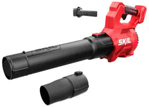 Röd och svart SKIL batteridriven lövblås med ergonomiskt handtag, avtagbart munstycke och medföljande batteri. Lätt design för utomhusrengöring. Extra munstycke visas separat.