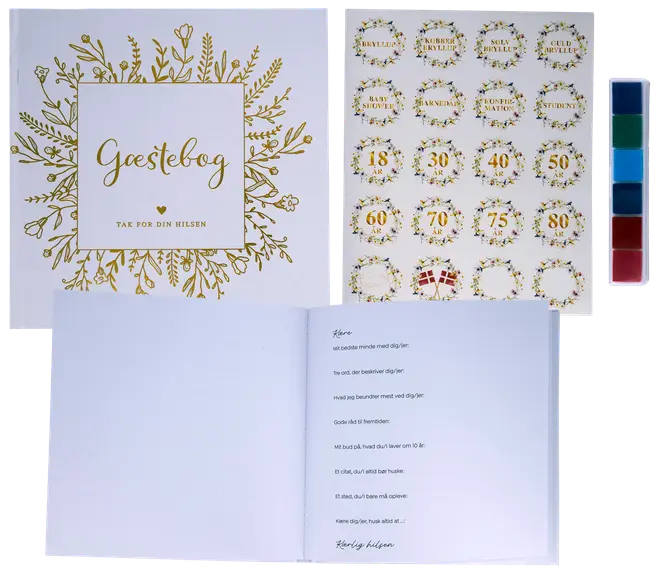 Gæstebogssæt med guldfarvet blomsteromslag, klistermærker til forskellige begivenheder, farvede stempelpuder og indersider med spørgsmål til gæsternes hilsner og minder.