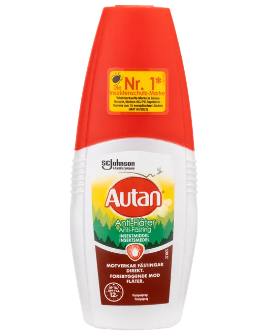Autan Anti-Flåter insektmiddel i hvid flaske med rød låg, pumpefunktion, beskytter mod flåter op til 12 timer, egnet til udendørs brug, 100 ml størrelse.