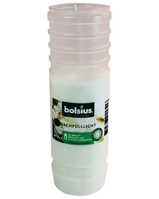 Gennemsigtigt hvidt cylindrisk genopfyldningslys i plastikhylster med Bolsius Selections-etiket, blomsterdesign og stregkode.