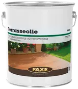 Stor metalspand med Faxe terrasseolie, natur, til grundbehandling og renovering af træterrasser. Har sidehåndtag og etiket med billede af terrasse og have.