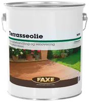 FAXE Terrasseolie, natur, til grundbehandling og renovering af træterrasser. Metalspand med håndtag, velegnet til udendørs træpleje. Træpleje siden 1926.
