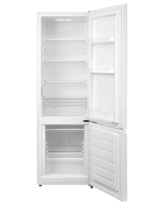 Vit fristående kyl-frys med kylskåp upptill och frys nedtill, justerbara glashyllor, dörrfack och transparent grönsakslåda. Båda dörrarna är öppna och visar rymligt inre.