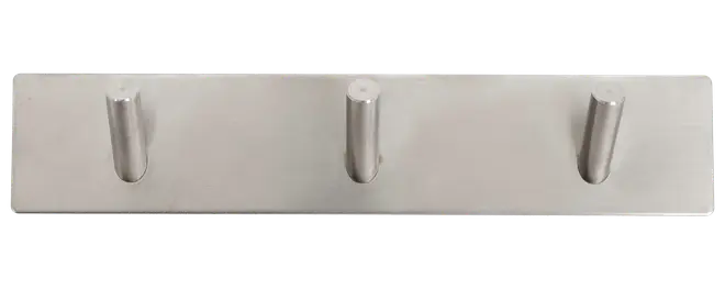 Vægmonteret knagerække i rustfrit stål med tre cylindriske kroge på en rektangulær plade. Moderne, minimalistisk design til ophæng af tøj, håndklæder eller tilbehør.