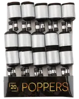 Förpackning med 20 silver- och svartfärgade partybomber, varje med snöre. Cylindrisk form, enkel att använda för konfettisläpp vid festliga tillfällen.
