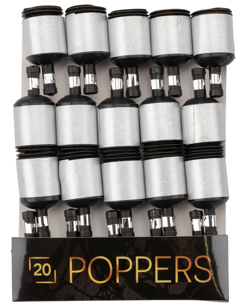 Förpackning med 20 silver- och svartfärgade partybomber, varje med snöre. Cylindrisk form, enkel att använda för konfettisläpp vid festliga tillfällen.
