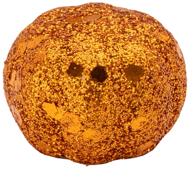 Rund dekorativ pumpa täckt med glittrande orange glitter och paljetter. Perfekt för höst- eller Halloween-dekoration. Lätt och iögonfallande mittpunkt.