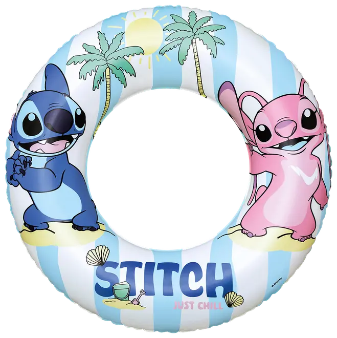 Oppustelig badering med blå og hvide striber, motiver af Stitch og Angel, palmer, muslingeskaller og teksten "STITCH Just Chill". Velegnet til pool eller strand.