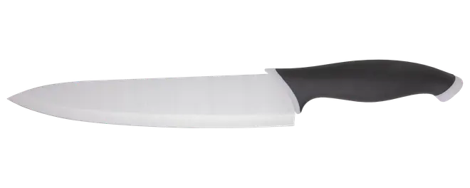 Køkkenkniv i rustfrit stål med langt buet blad og sort ergonomisk håndtag.