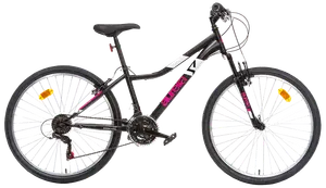 Svart mountainbike med framdämpning, 21 växlar och rosa detaljer. Stabil ram, grova däck för terräng och reflexer på båda hjulen för säkerhet.