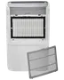 Vit avfuktare med synligt HEPA-filter och avtagbart förfilter. Har kontrollpanel upptill, frontfilterfack och modern design. Filtren visas separat för tydlighet.