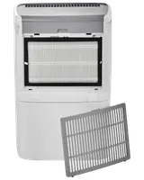 Vit avfuktare med synligt HEPA-filter och avtagbart förfilter. Har kontrollpanel upptill, frontfilterfack och modern design. Filtren visas separat för tydlighet.