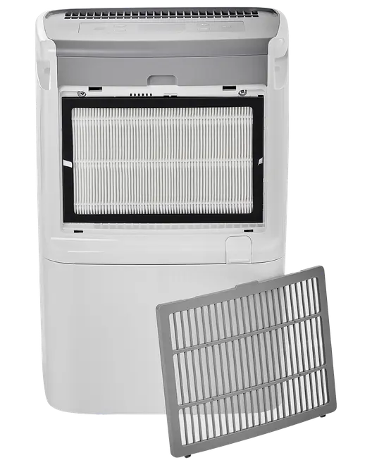 Vit avfuktare med synligt HEPA-filter och avtagbart förfilter. Har kontrollpanel upptill, frontfilterfack och modern design. Filtren visas separat för tydlighet.