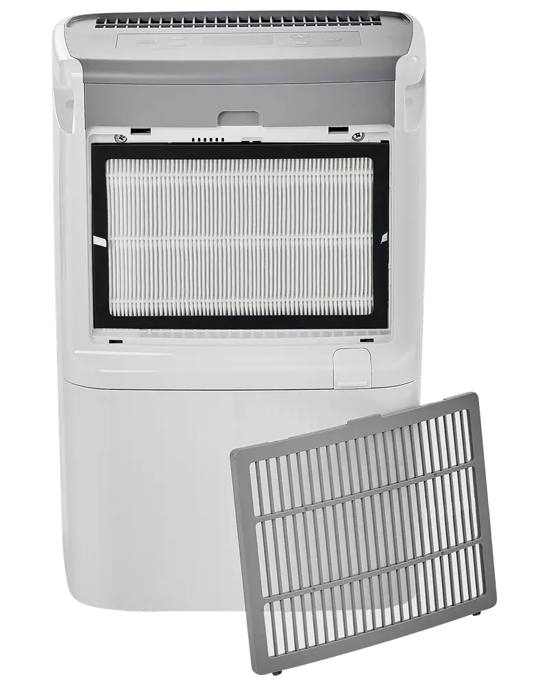 Vit avfuktare med synligt HEPA-filter och avtagbart förfilter. Har kontrollpanel upptill, frontfilterfack och modern design. Filtren visas separat för tydlighet.