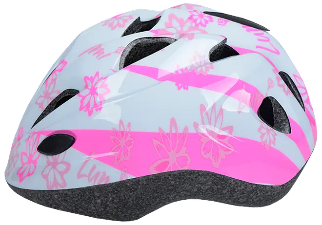 Vit och rosa cykelhjälm med blommönster, flera ventilationsöppningar och slät hård skal.