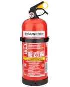 Röd Branford pulversläckare med tryckmätare, svart slang och gul säkerhetssprint. Passar för A-, B- och C-bränder. Levereras med väggfäste och instruktioner.