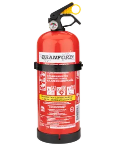 Röd Branford pulversläckare med tryckmätare, svart slang och gul säkerhetssprint. Passar för A-, B- och C-bränder. Levereras med väggfäste och instruktioner.